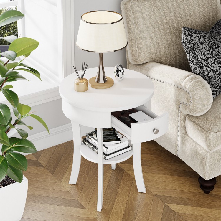 Round white end table with open drawer and shelf, made of MDF, perfect for living room or bedside use.